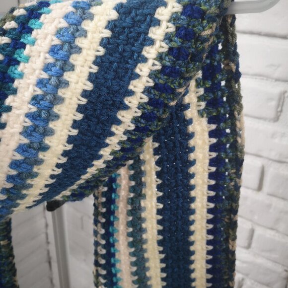 Unisex Handmade Crochet Navy, Cream, Blue, Green, Lime & Teal Scarf - Picture 2 of 2